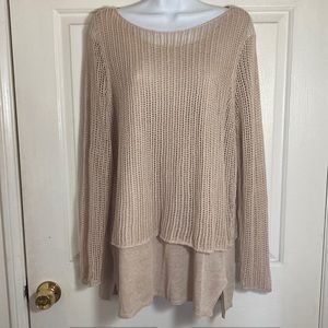 Eileen Fisher Sweater 2-layer Mesh Loose Knit Linen Overlay Pullover Tan M